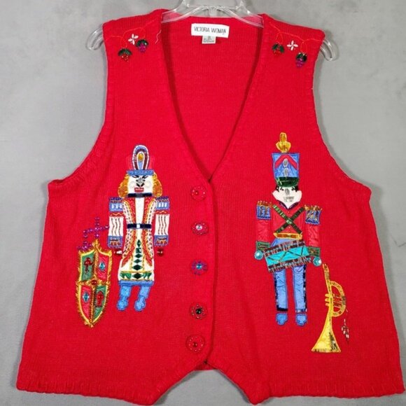 VTG Victoria Woman Holiday Sweater Vest 2X Red Embroidered Nutcracker Christmas - Picture 1 of 9